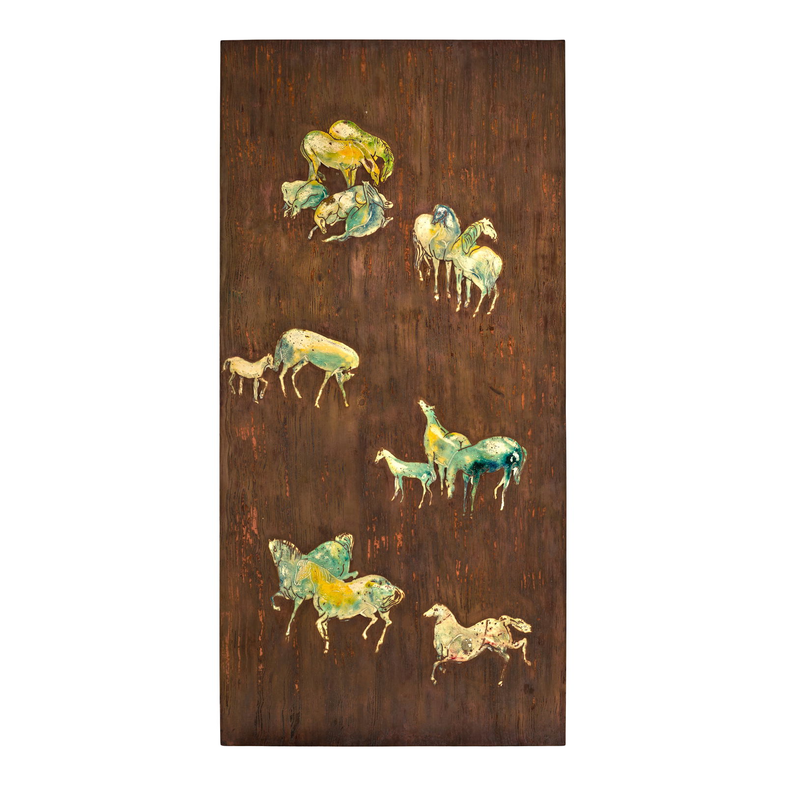 PHILIP (1907-1987) AND KELVIN LAVERNE (1937-2025) 'Horses' Panelcirca 1960patinated and engraved...: PHILIP (1907-1987) AND KELVIN LAVERNE (1937-2025) 'Horses' Panel circa 1960 patinated and engraved bronze and pewter, hand-applied enamel cloisonne, engraved facsimile signature, unique colors 47 1/2i