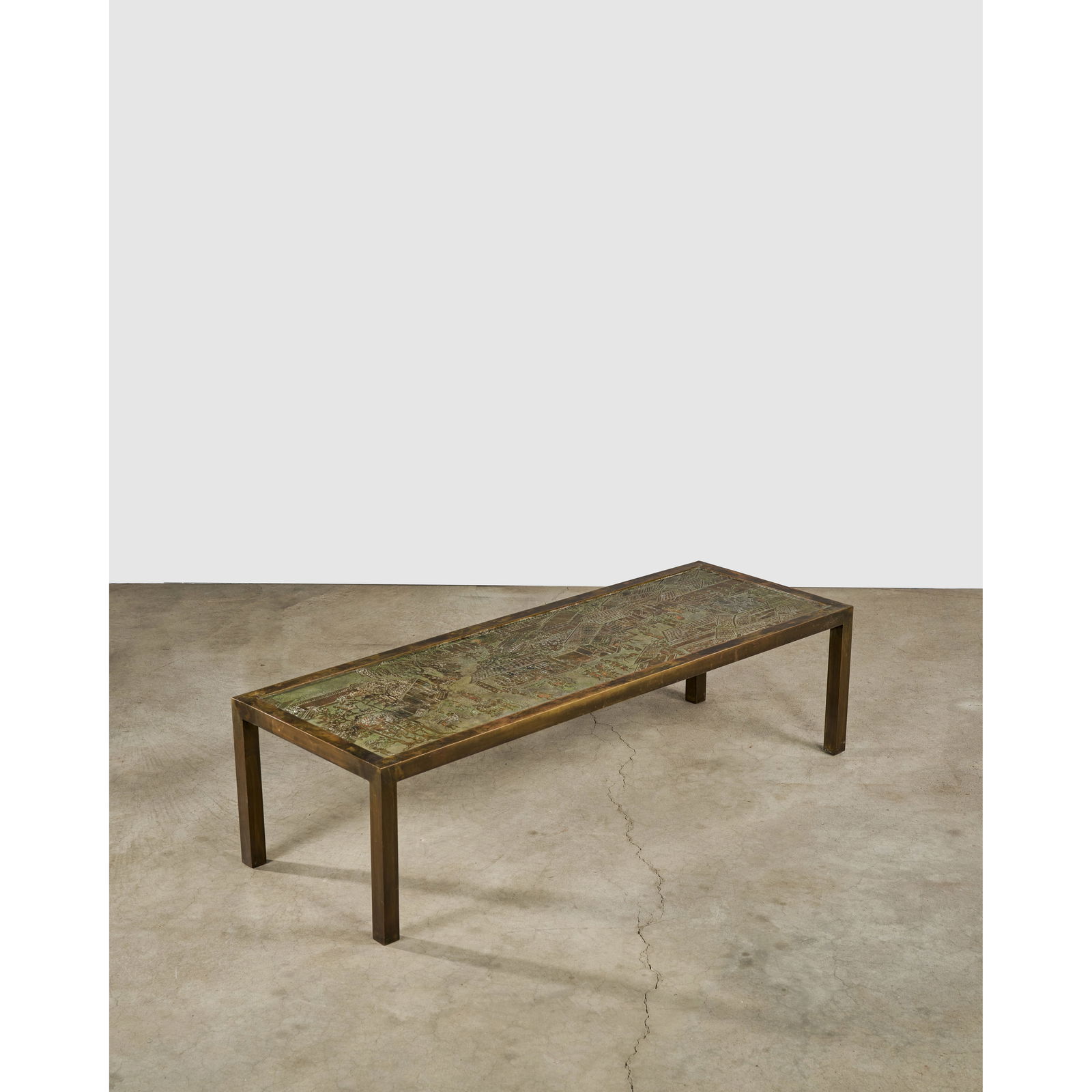 PHILIP (1907-1987) AND KELVIN LAVERNE (1937-2025) 'Spring Festival' Coffee Tablecirca 1960patina...: PHILIP (1907-1987) AND KELVIN LAVERNE (1937-2025) 'Spring Festival' Coffee Table circa 1960 patinated and engraved bronze and pewter over wood with hand-painted enamels, engraved facsimile signature '