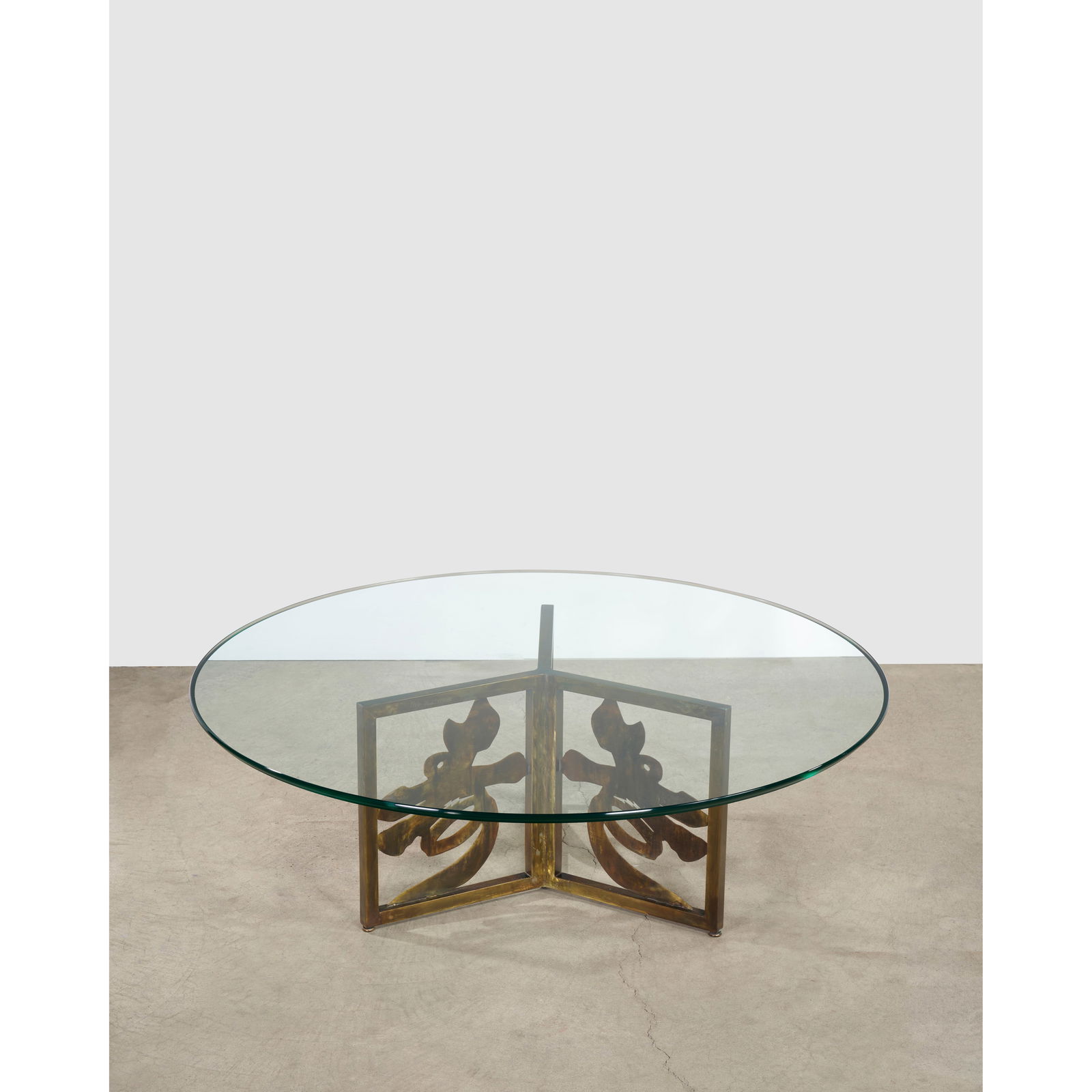 PHILIP (1907-1987) AND KELVIN LAVERNE (1937-2025) Rare 'Chrysanthemum' Coffee Tablecirca 1970han...: PHILIP (1907-1987) AND KELVIN LAVERNE (1937-2025) Rare 'Chrysanthemum' Coffee Table circa 1970 hand-cut patinated bronze, glass, engraved 'Philip Kelvin LaVerne' height 17in (43cm); diameter 48in (122