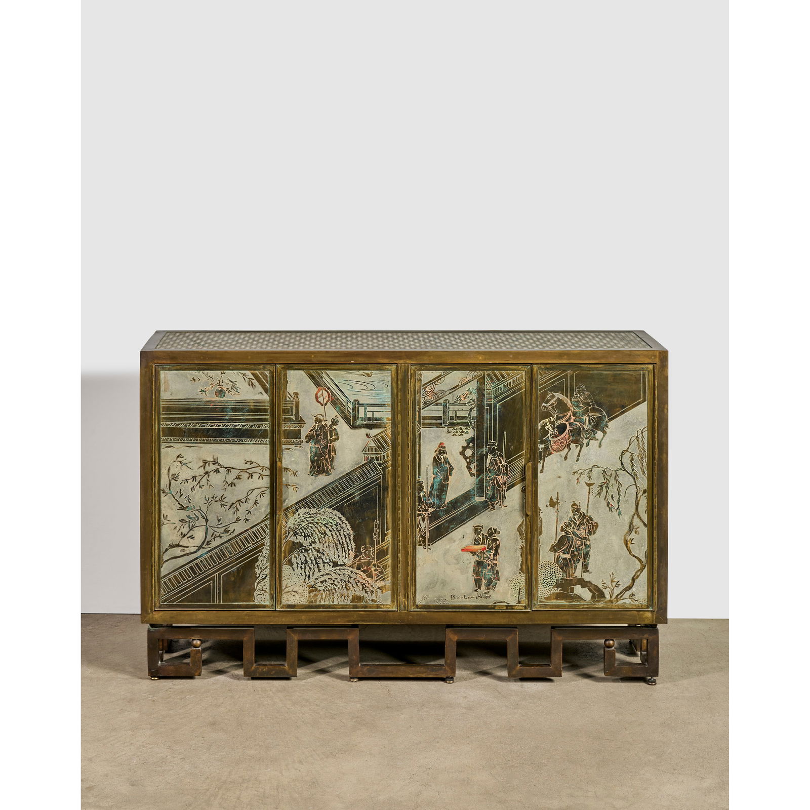 PHILIP (1907-1987) AND KELVIN LAVERNE (1937-2025) Rare 'Chan Li' Cabinetcirca 1980patinated and ...: PHILIP (1907-1987) AND KELVIN LAVERNE (1937-2025) Rare 'Chan Li' Cabinet circa 1980 patinated and engraved bronze and pewter, hand-painted enamels, wood, lacquer, engraved 'Philip + KElvin LAVERNE', c