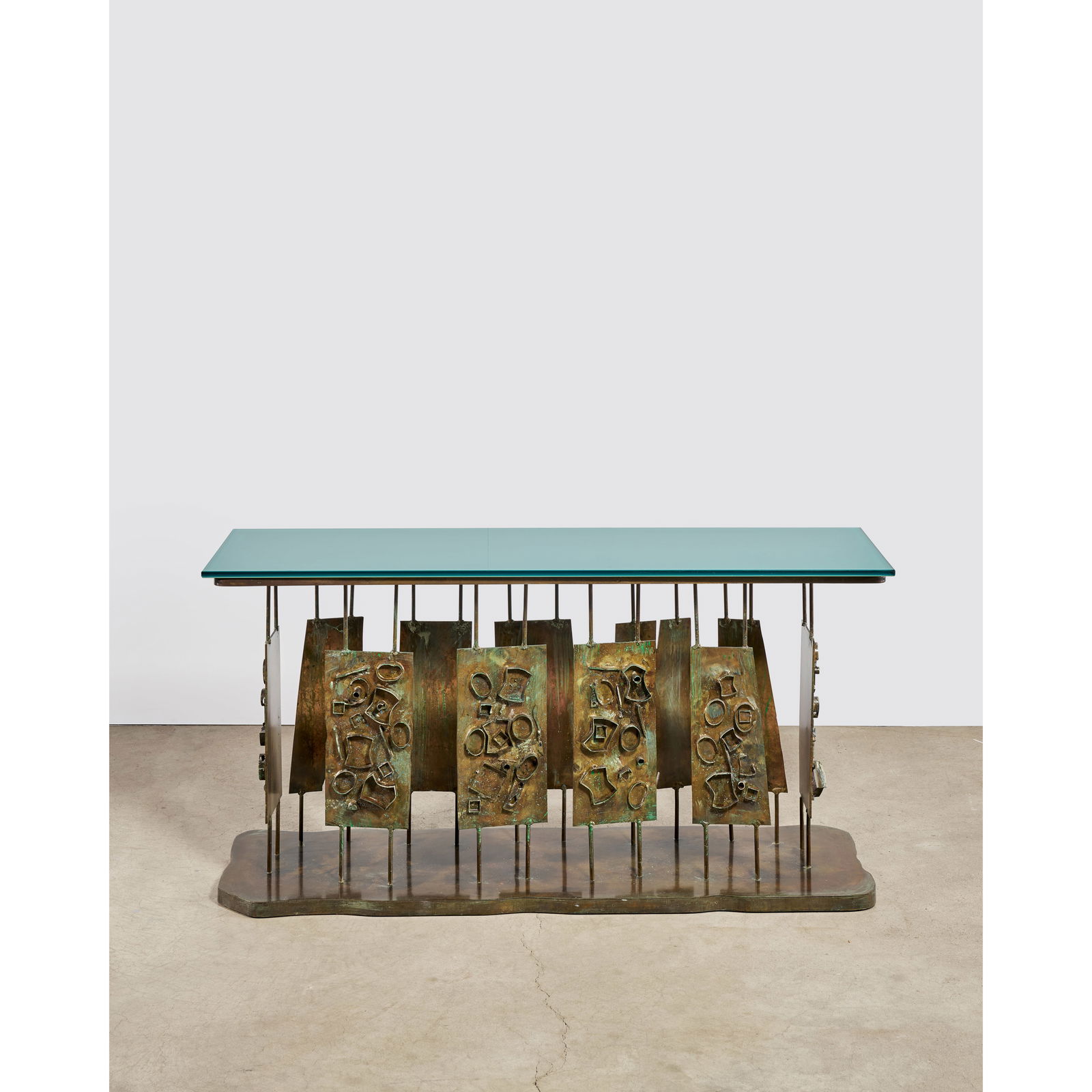 PHILIP (1907-1987) AND KELVIN LAVERNE (1937-2025) Rare Large 'Dance of Fauves' Console Table1960...: PHILIP (1907-1987) AND KELVIN LAVERNE (1937-2025) Rare Large 'Dance of Fauves' Console Table 1960 hand-brazed in patinated bronze, wood, hand-painted enamels, glass, engraved 'Philip Kelvin LaVerne 60