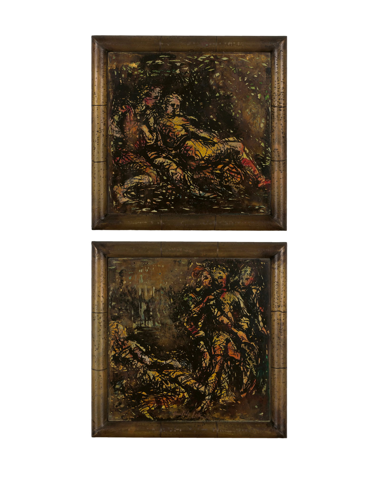 PHILIP (1907-1987) AND KELVIN LAVERNE (1937-2025) 'Redemption'circa 1960patinated and engraved b...: PHILIP (1907-1987) AND KELVIN LAVERNE (1937-2025) 'Redemption' circa 1960 patinated and engraved bronze and pewter, enamel cloisonne, one panel engraved 'KElvin Philip LAVErne', the other engraved 'KE