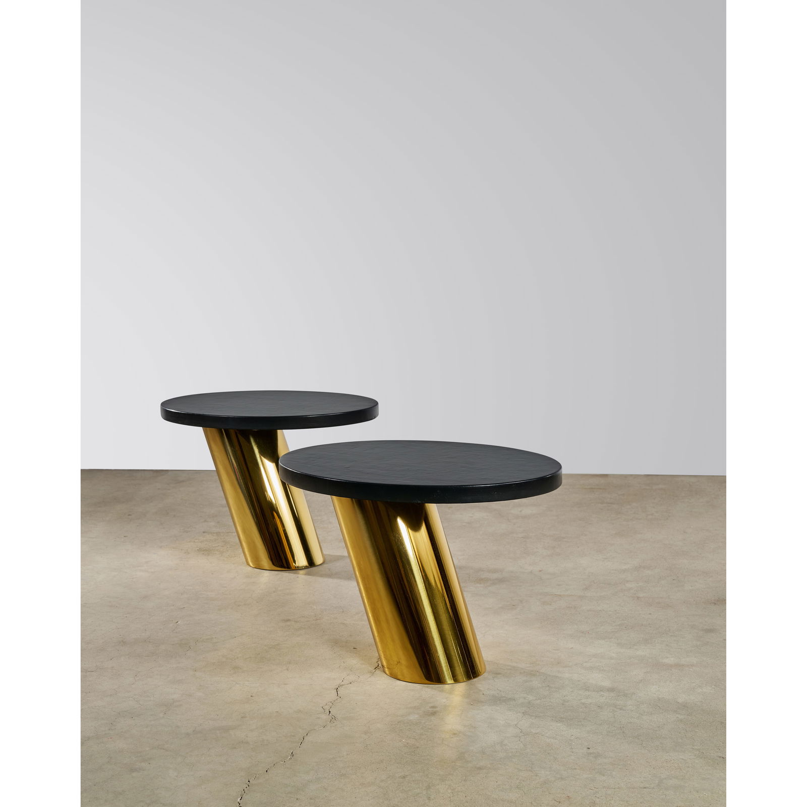 KARL SPRINGER (1931-1991) Pair of Rare 'Mushroom' End Tables1990for Karl Springer Ltd., leather,...: KARL SPRINGER (1931-1991) Pair of Rare 'Mushroom' End Tables 1990 for Karl Springer Ltd., leather, wood, brass, lead, leather label 'Karl Springer 1990' height 16 5/8in (42cm); width 24in (61cm); dept