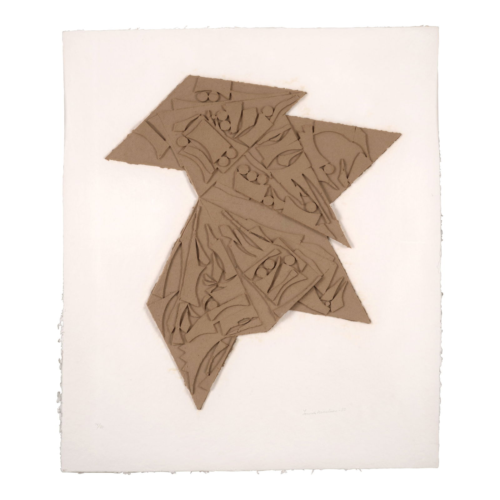 LOUISE NEVELSON (1899-1988) Six-Pointed Star 41 x 34 1/4 in (104.1 x 86.9 cm) (Executed in 1980....: LOUISE NEVELSON (1899-1988) Six-Pointed Star signed and dated 'Louise Nevelson - 80' (lower right); numbered '74/90' (lower left) handmade cast paper relief 41 x 34 1/4 in (104.1 x 86.9 cm) Executed i