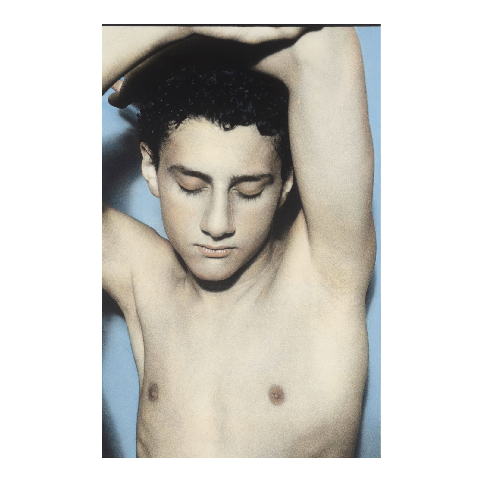 YOUSSEF NABIL (B. 1972); Untitled (Mohamed with Eyes Closed);: YOUSSEF NABIL (B. 1972) Untitled (Mohamed with Eyes Closed), 2001 Hand-tinted gelatin silver print; signed, dated, annotated 'Cairo', and editioned '1/3' in pencil on the reverse, framed. 49 x 34 in.