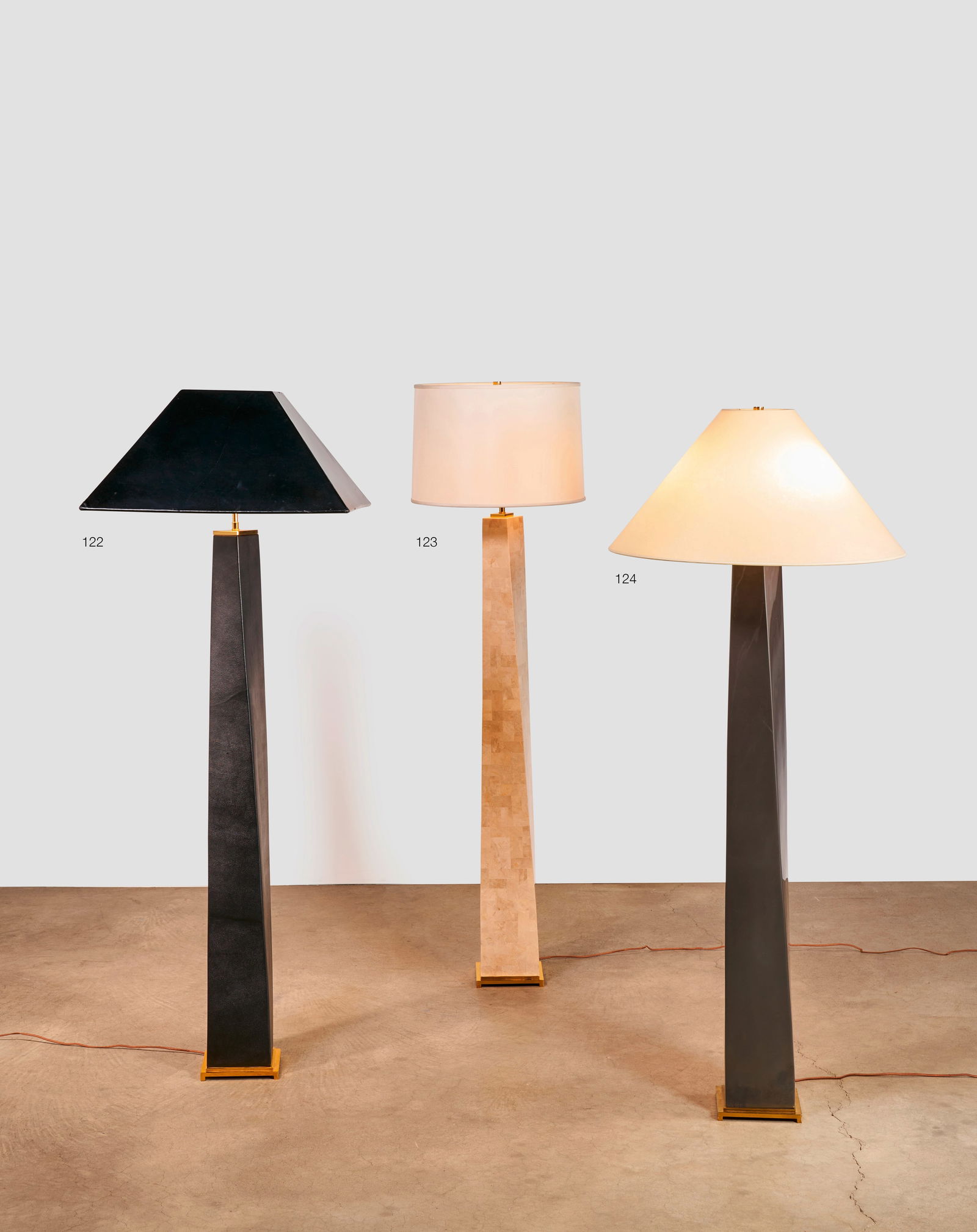 KARL SPRINGER (1931-1991) 'JMF' Floor Lampcirca 1980for Karl Springer Ltd., tessellated fossiliz...: KARL SPRINGER (1931-1991) 'JMF' Floor Lamp circa 1980 for Karl Springer Ltd., tessellated fossilized coral, polished brass height 63 1/2in (161cm); width 11in (28cm) Footnotes: Literature Red Binder P