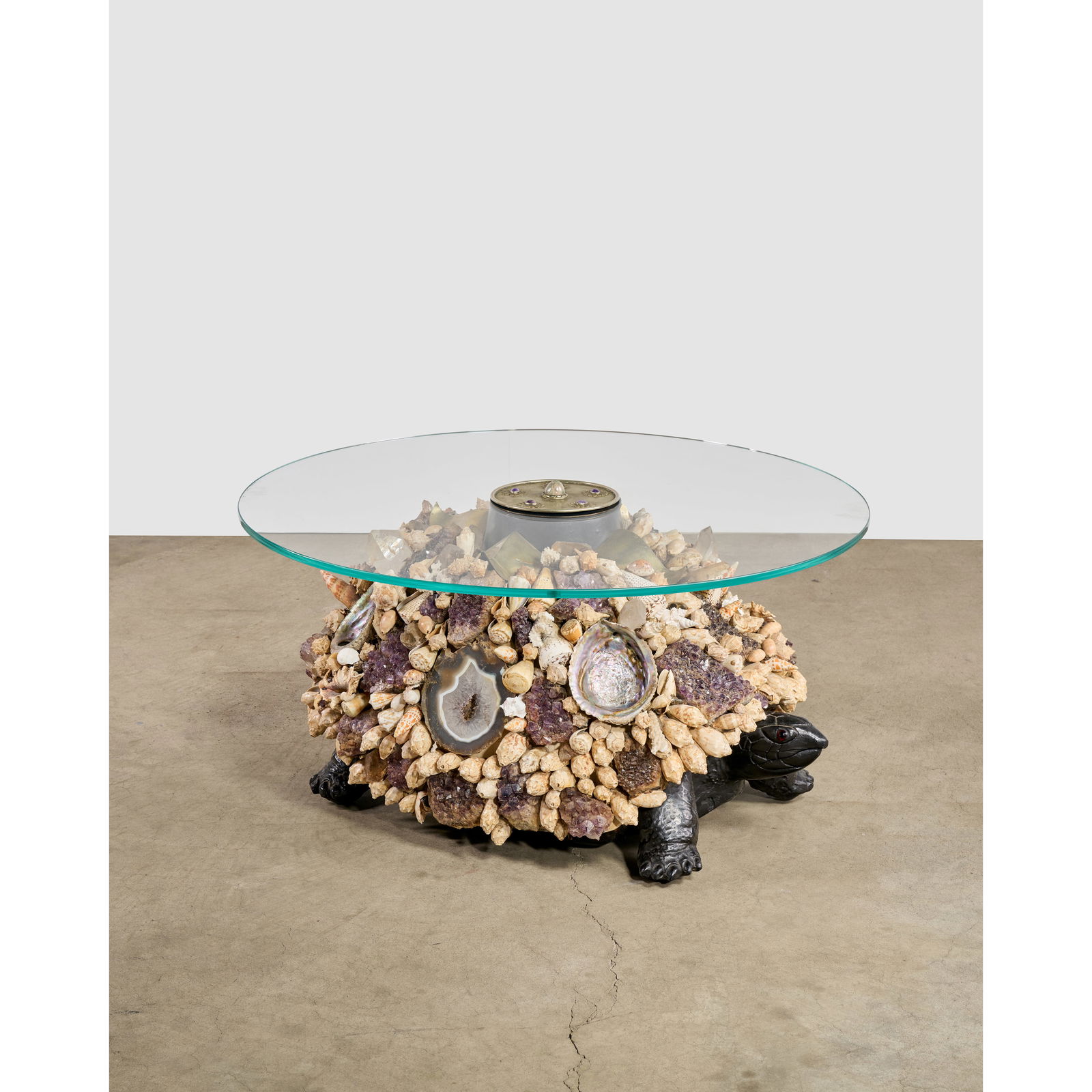 J. ANTHONY REDMILE (ACTIVE CIRCA 1960) Rare 'Tortoise' Coffee Tablecirca 1970hand-carved wood be...: J. ANTHONY REDMILE (ACTIVE CIRCA 1960) Rare 'Tortoise' Coffee Table circa 1970 hand-carved wood bejeweled with seashells, polished agate, amethyst, coral, quartz crystals, silver-plated top bejeweled