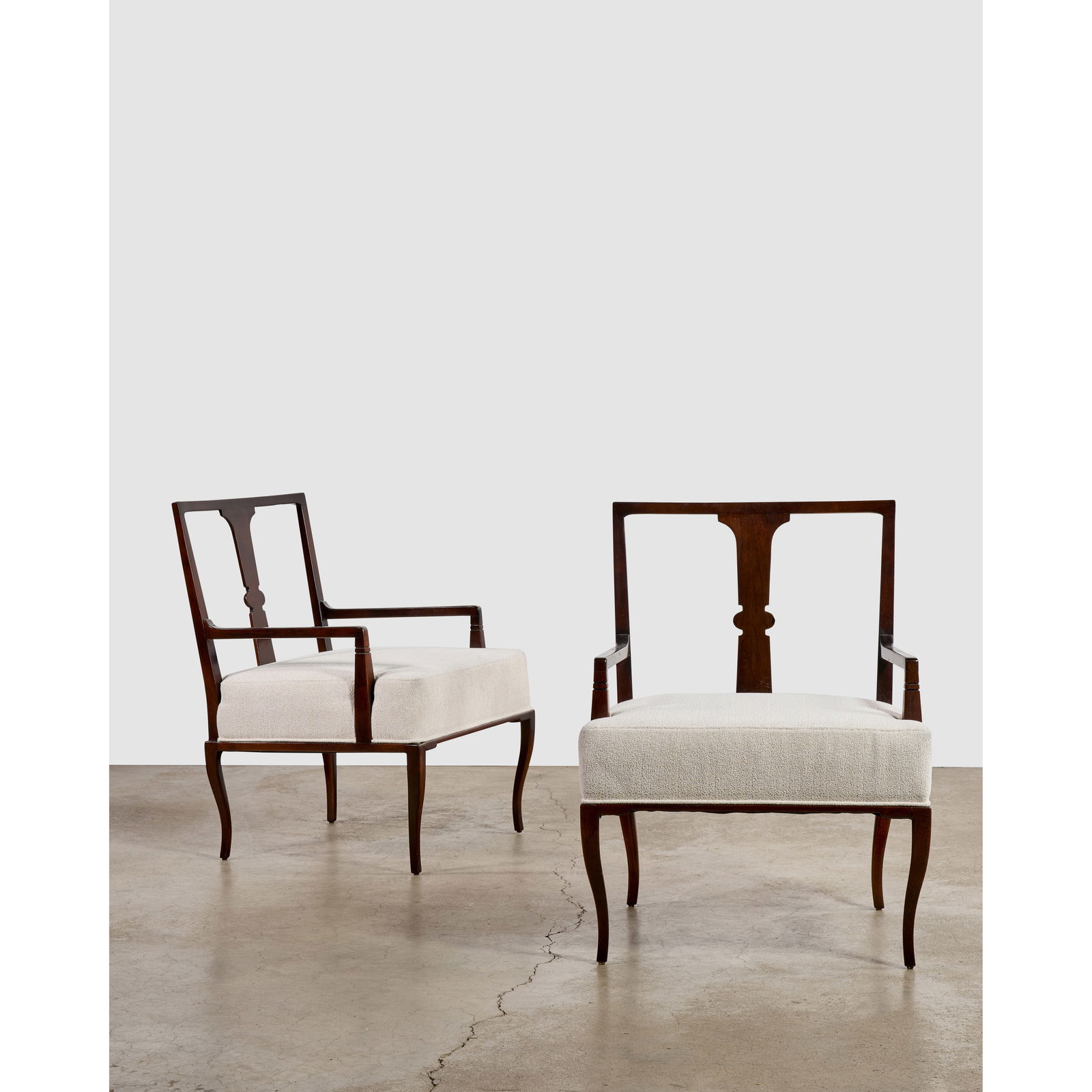 TOMMI PARZINGER (1930-1991) Pair of Armchairscirca 1950model no. 224, for Parzinger Originals, w...: TOMMI PARZINGER (1930-1991) Pair of Armchairs circa 1950 model no. 224, for Parzinger Originals, walnut, re-upholstery by Lobel Modern height 32 3/4in (83cm); width 24 3/4in (63cm); depth 22 1/2in (57