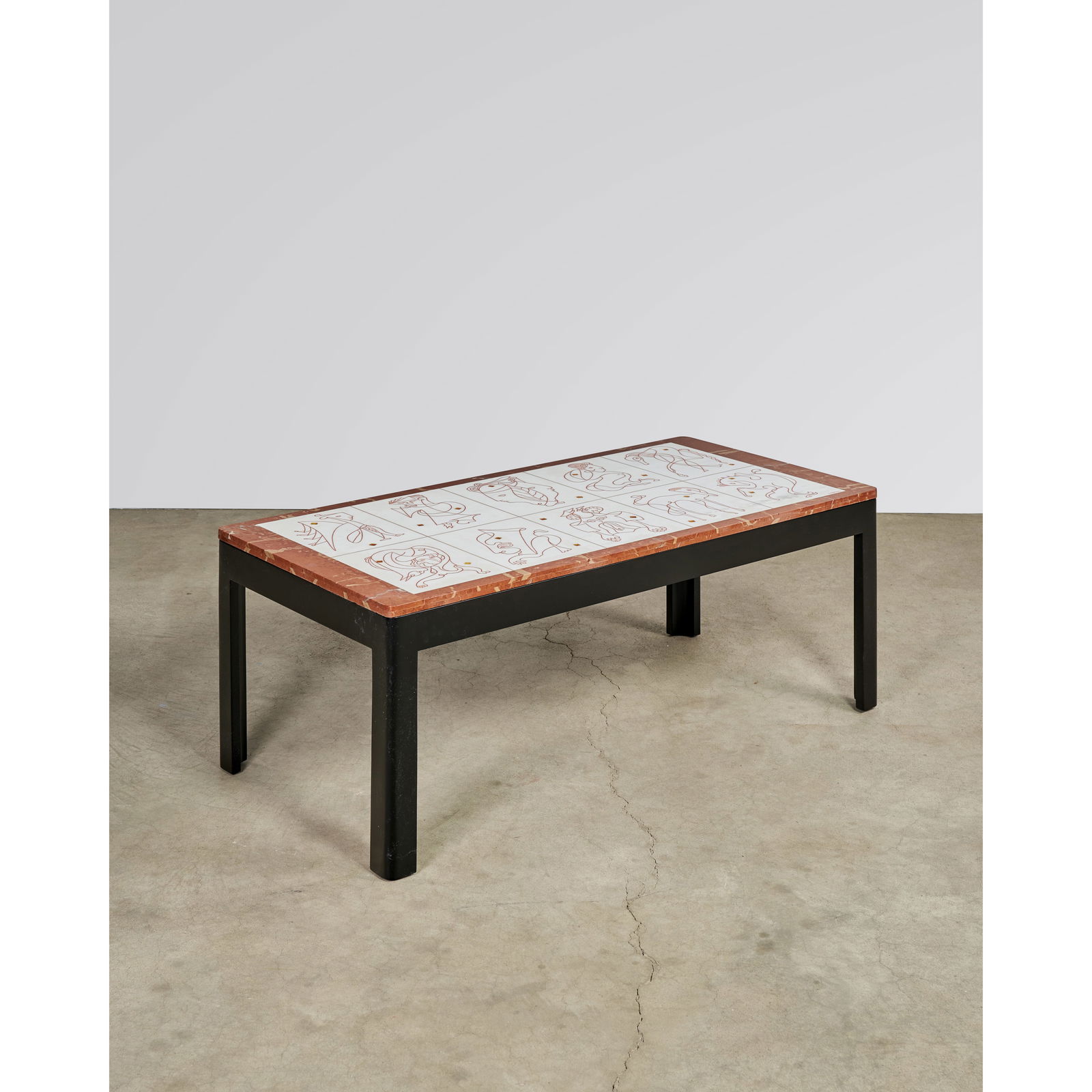 BRUNO CAPACCI (1906-1996) Coffee Tablecirca 1950inlaid marble, ebonized wood, glass with foil ba...: BRUNO CAPACCI (1906-1996) Coffee Table circa 1950 inlaid marble, ebonized wood, glass with foil backing, inlaid signature 'capacci' height 17in (43cm); width 47 3/4in (121cm); depth 23in (58.5cm) Foot