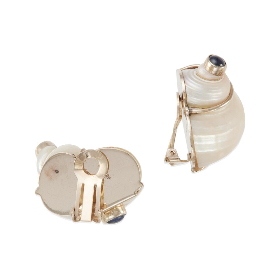SEAMAN SCHEPPS: 14K GOLD, SHELL, AND SAPPHIRE EAR CLIPS - 2