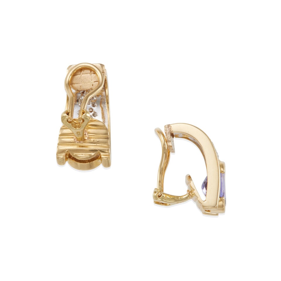 18K BICOLOR GOLD, TANZANITE, AND DIAMOND EAR CLIPS - 2