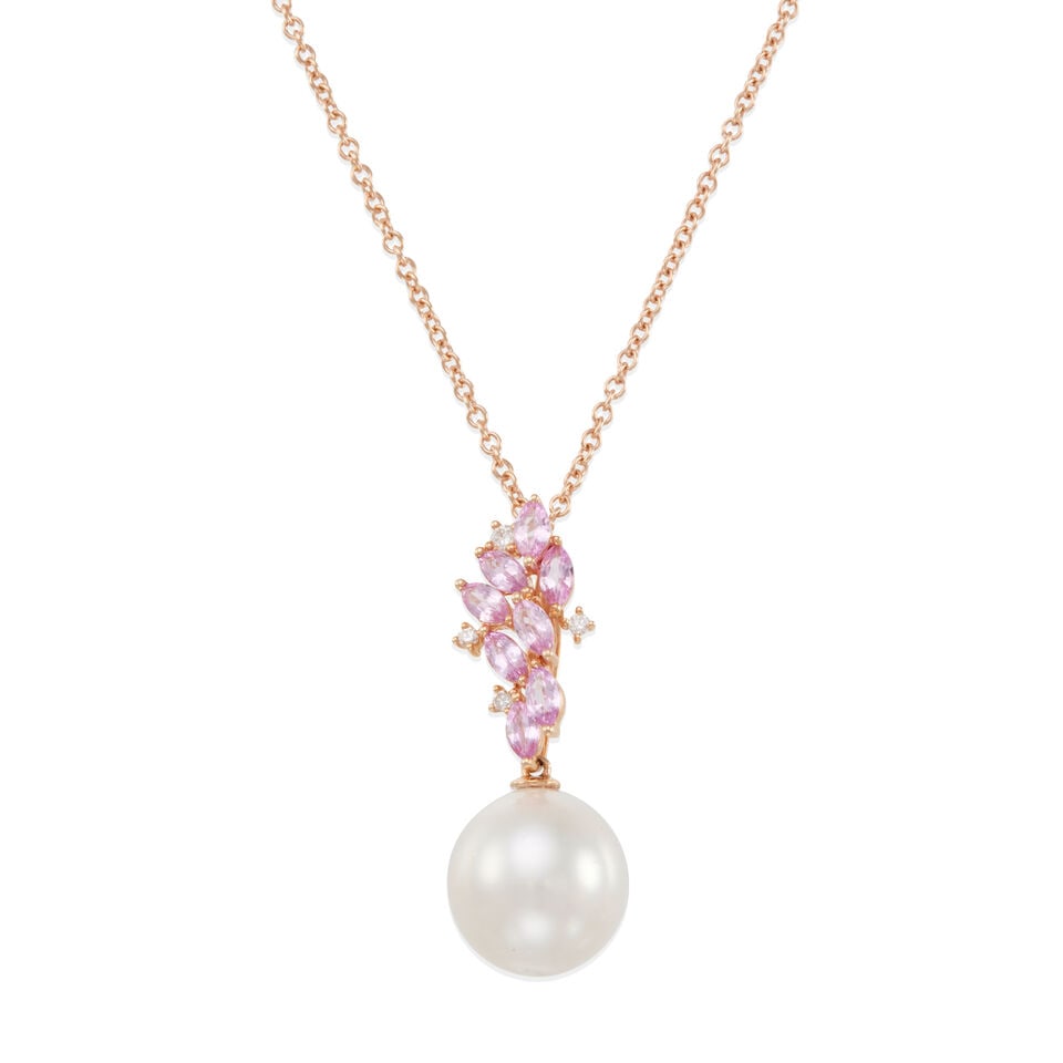 18K GOLD, DIAMOND, PINK SAPPHIRE AND CULTURED PEARL NECKLACE: 18K GOLD, DIAMOND, PINK SAPPHIRE AND CULTURED PEARL NECKLACE • 18k rose gold • 4 round diamonds stated to weigh 0.07 carat total • 18 marquise pink sapphires stated to weigh 1.03