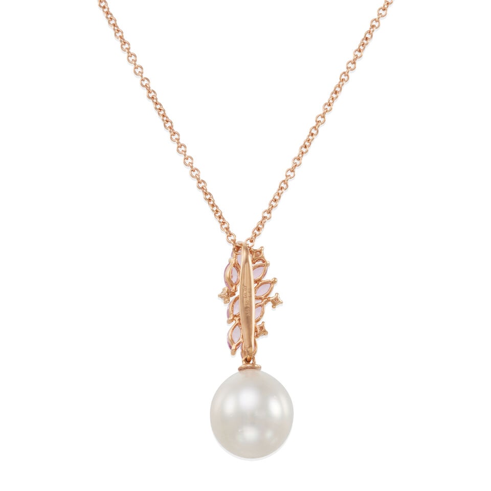 18K GOLD, DIAMOND, PINK SAPPHIRE AND CULTURED PEARL NECKLACE - 2