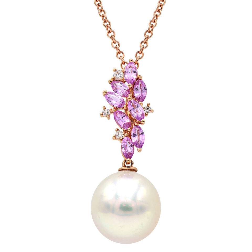 18K GOLD, DIAMOND, PINK SAPPHIRE AND CULTURED PEARL NECKLACE - 3