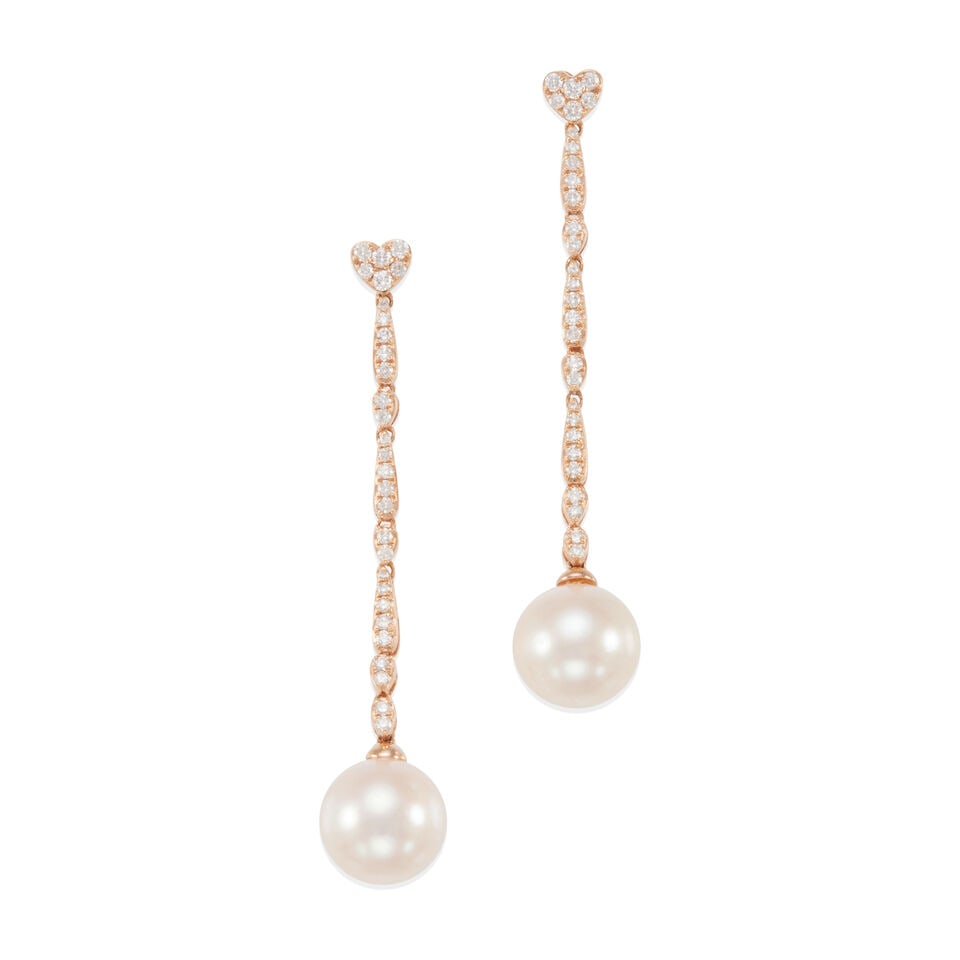 PAIR OF 18K GOLD, DIAMOND AND CULTURED PEARL EARRINGS: PAIR OF 18K GOLD, DIAMOND AND CULTURED PEARL EARRINGS • 18k rose gold • Numerous round diamonds stated to weigh 0.47 carat total • 2 round cultured pearls stated to measure 9.50 -