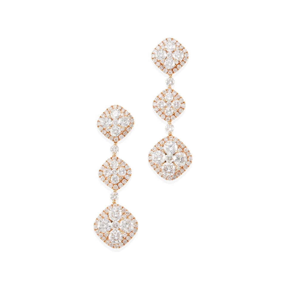 18K ROSE GOLD AND DIAMOND EARRINGS: 18K ROSE GOLD AND DIAMOND EARRINGS •18k rose gold •8 round diamonds stated to weigh 0.80 carat total •170 round diamonds stated to weigh 1.90 carats total •Length 1 1/4