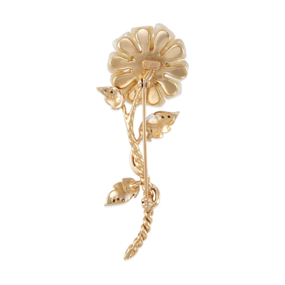14K BICOLOR GOLD, CULTURED PEARL, AND DIAMOND FLOWER BROOCH - 2