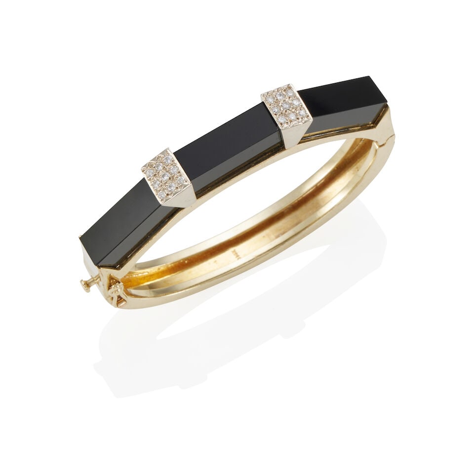 14K BICOLOR GOLD, ONYX, AND DIAMOND HINGED BANGLE BRACELET (1 of 2)