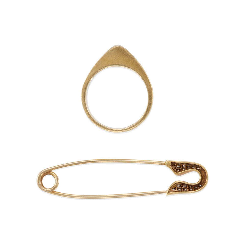 18K GOLD, DIAMOND, AND MOTHER OF PEARL RING AND BROOCH - 2