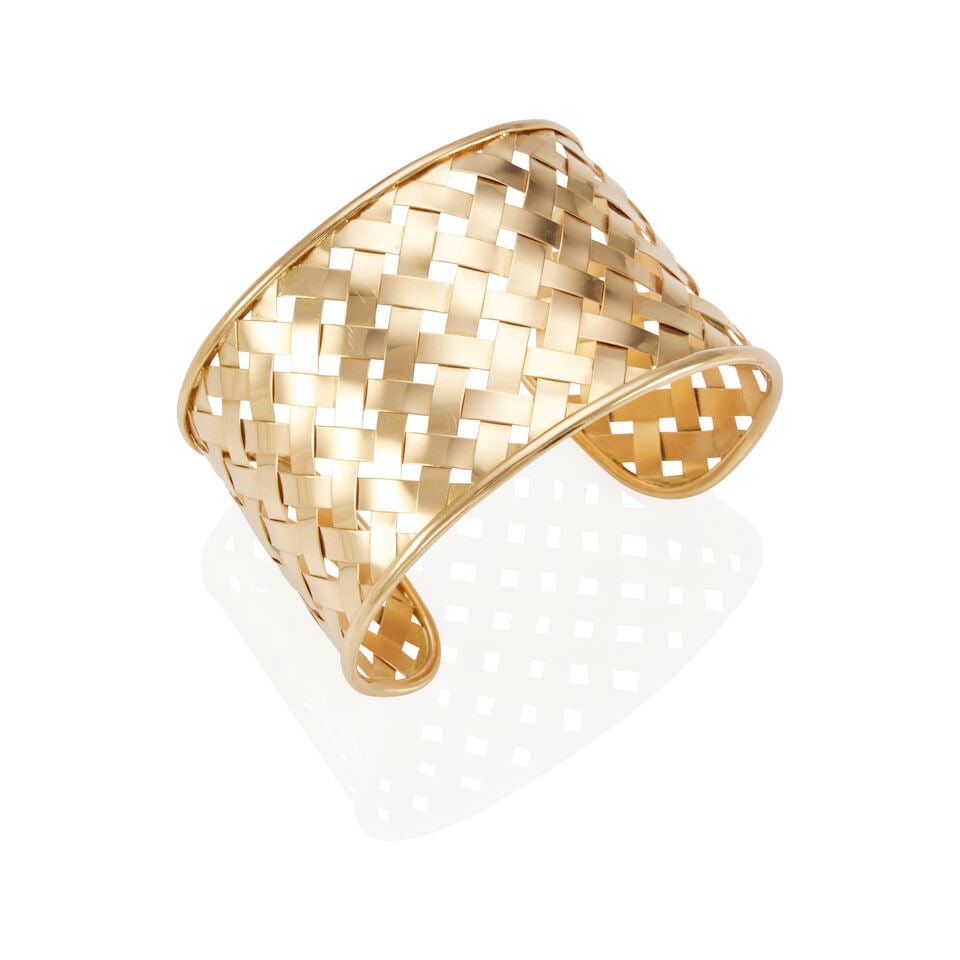 18K GOLD WOVEN CUFF BRACELET: 18K GOLD WOVEN CUFF BRACELET • 18k yellow gold • Maker's mark for Société Charles Perroud • Inner circumference without gap measures 5 5/8 in., gap measures 1 1/4