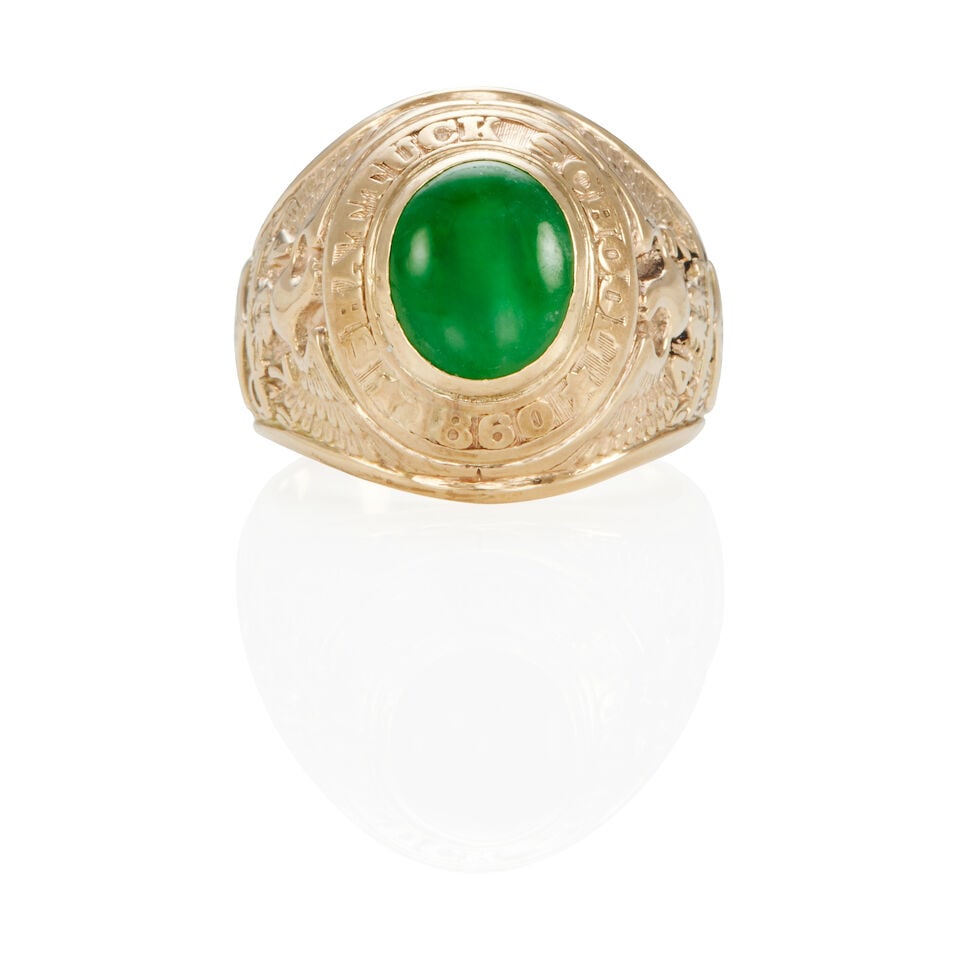 10K GOLD AND JADE CLASS RING: 10K GOLD AND JADE CLASS RING • 10k yellow gold • 1 oval cabochon jade 10.72 x 8.82 x 5.61 mm • Personal inscription inside ring shank • Size 9 • Estimated gross weight: