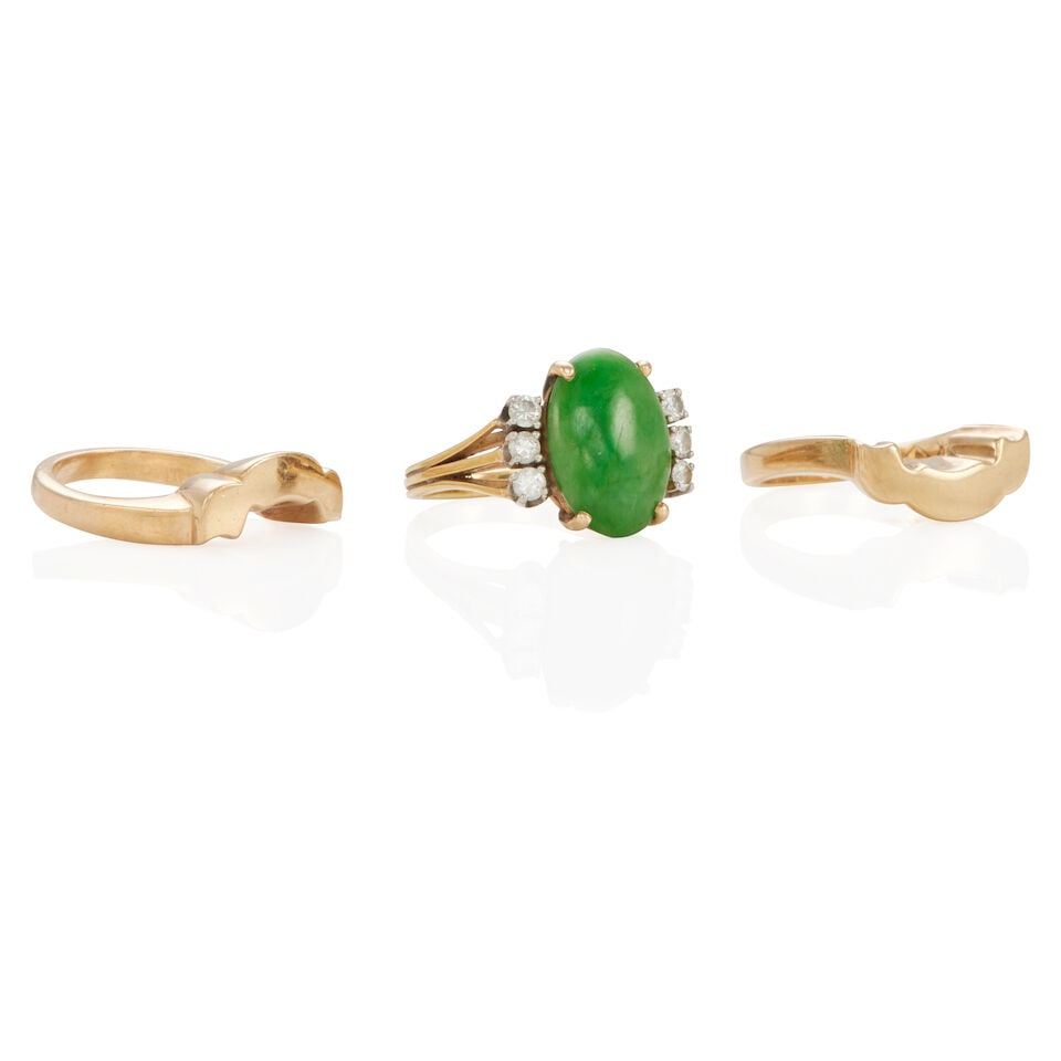 18K BICOLOR GOLD JADE AND DIAMOND RING WITH 14K GOLD RING GUARDS - 3