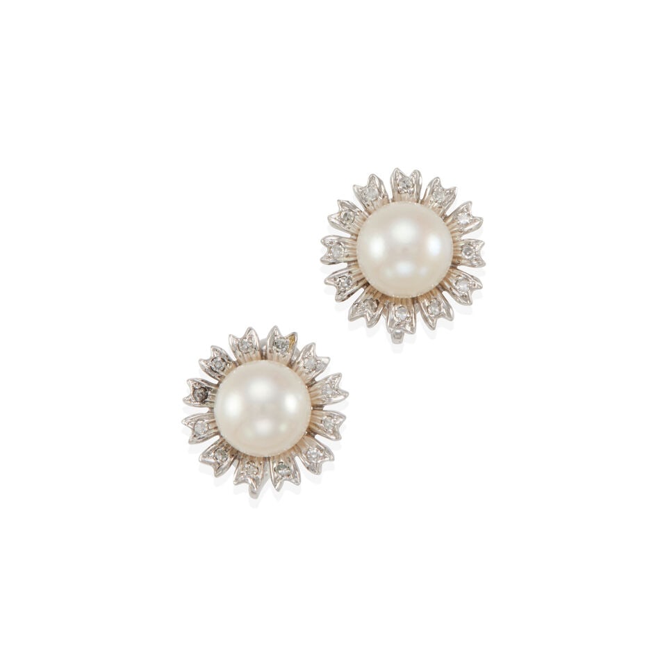 KURT WAYNE: PAIR OF 14K GOLD, DIAMOND AND CULTURED PEARL EARRINGS: KURT WAYNE: PAIR OF 14K GOLD, DIAMOND AND CULTURED PEARL EARRINGS • 14k white gold • Numerous round diamonds weighing approximately 0.10 - 0.20 carat total • 2 round cultured pearl