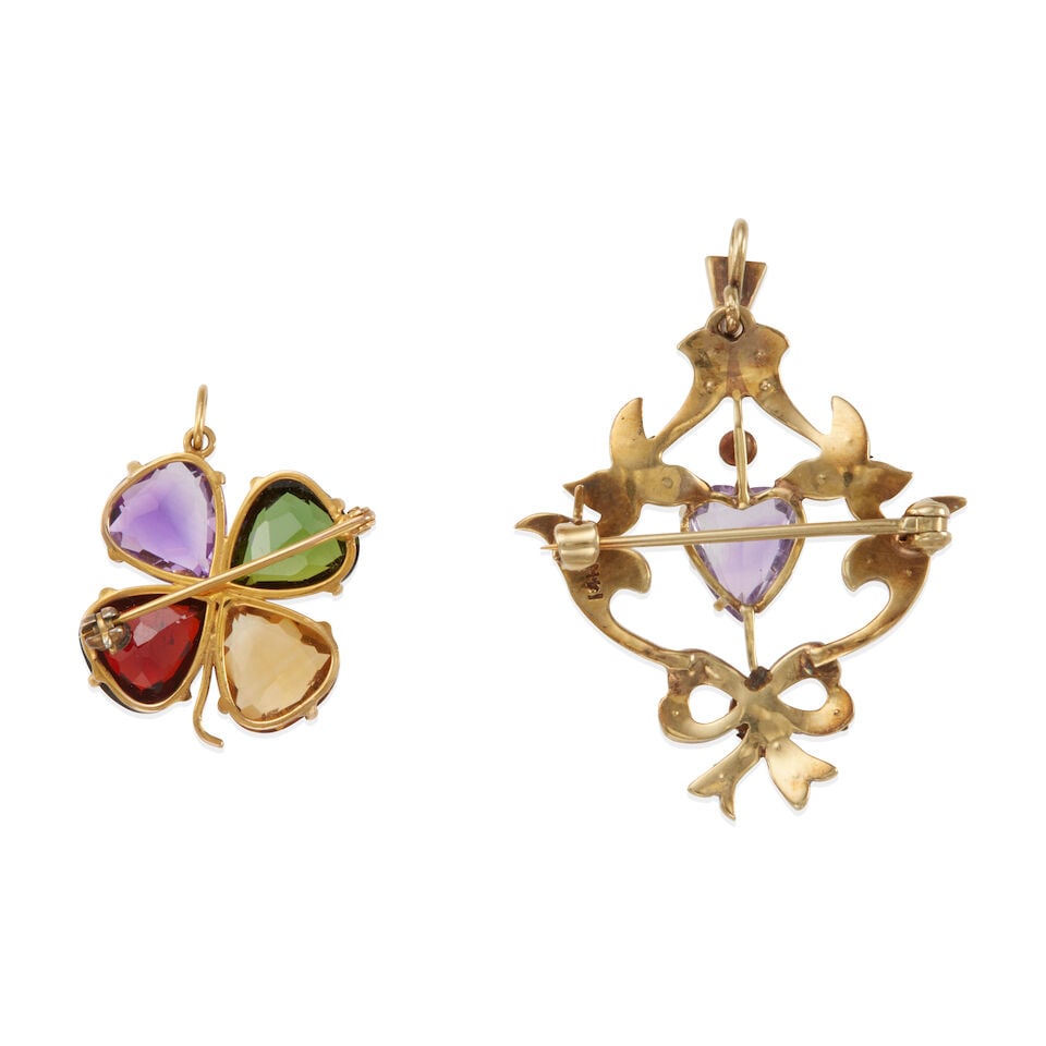 TWO VINTAGE GOLD GEM-SET BROOCH/PENDANTS - 2