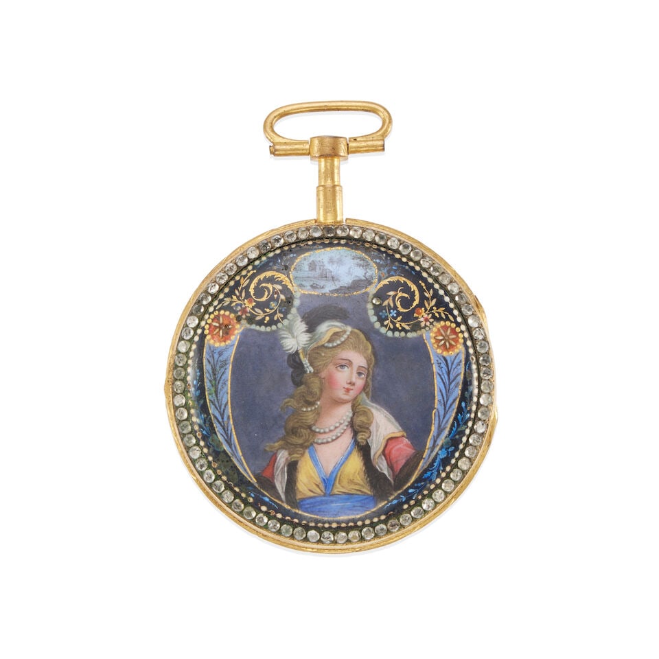 ANTIQUE LOW KARAT GOLD, SILVER, DIAMOND, AND ENAMEL POCKET WATCH (1 of 3)