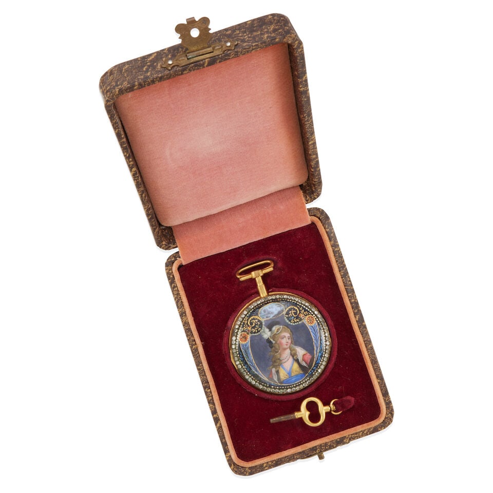 ANTIQUE LOW KARAT GOLD, SILVER, DIAMOND, AND ENAMEL POCKET WATCH - 2