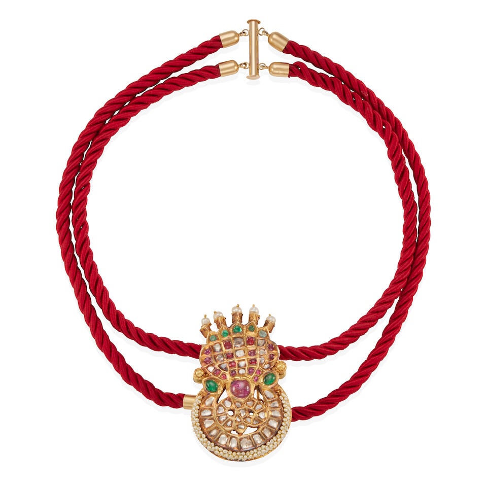 GOLD, 'POLKI' DIAMOND, GEM-SET AND ROPE NECKLACE: GOLD, 'POLKI' DIAMOND, GEM-SET AND ROPE NECKLACE • 22k yellow gold pendant, 14K yellow gold elements on rope necklace • Numerous cabochon green gemstones (2.34 - 5.65 mm) • Numerous