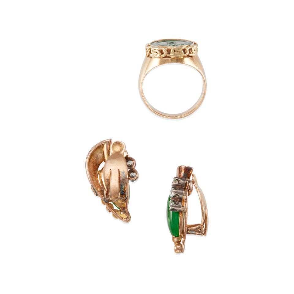 14K GOLD, JADE AND DIAMOND EAR CLIPS AND RING - 2