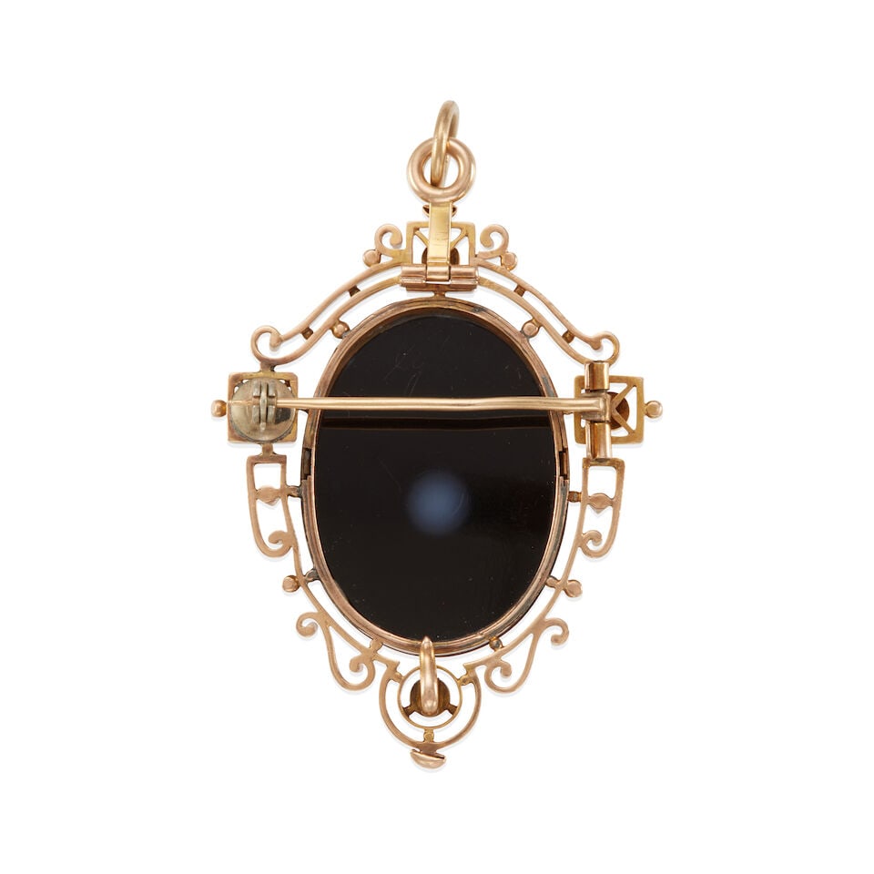 ANTIQUE 14K GOLD, CHALCEDONY AND CULTURED PEARL PENDANT/BROOCH - 2