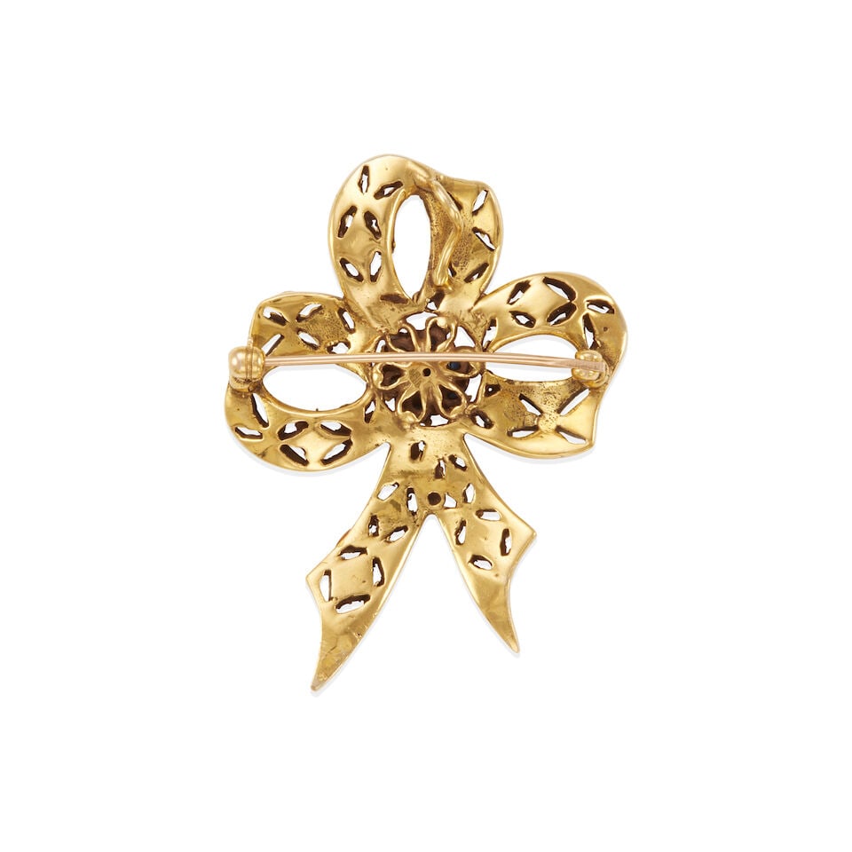 10K GOLD, CULTURED PEARL, SAPPHIRE, AND DIAMOND BOW PENDANT/BROOCH - 2