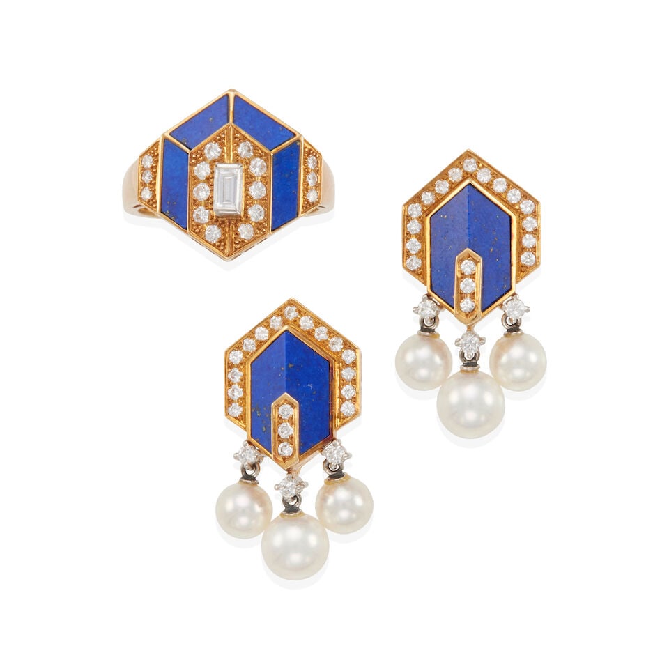 18K GOLD, PLATINUM, LAPIS LAZULI, CULTURED PEARL, AND DIAMOND RING AND EARRING SET (1 of 2)