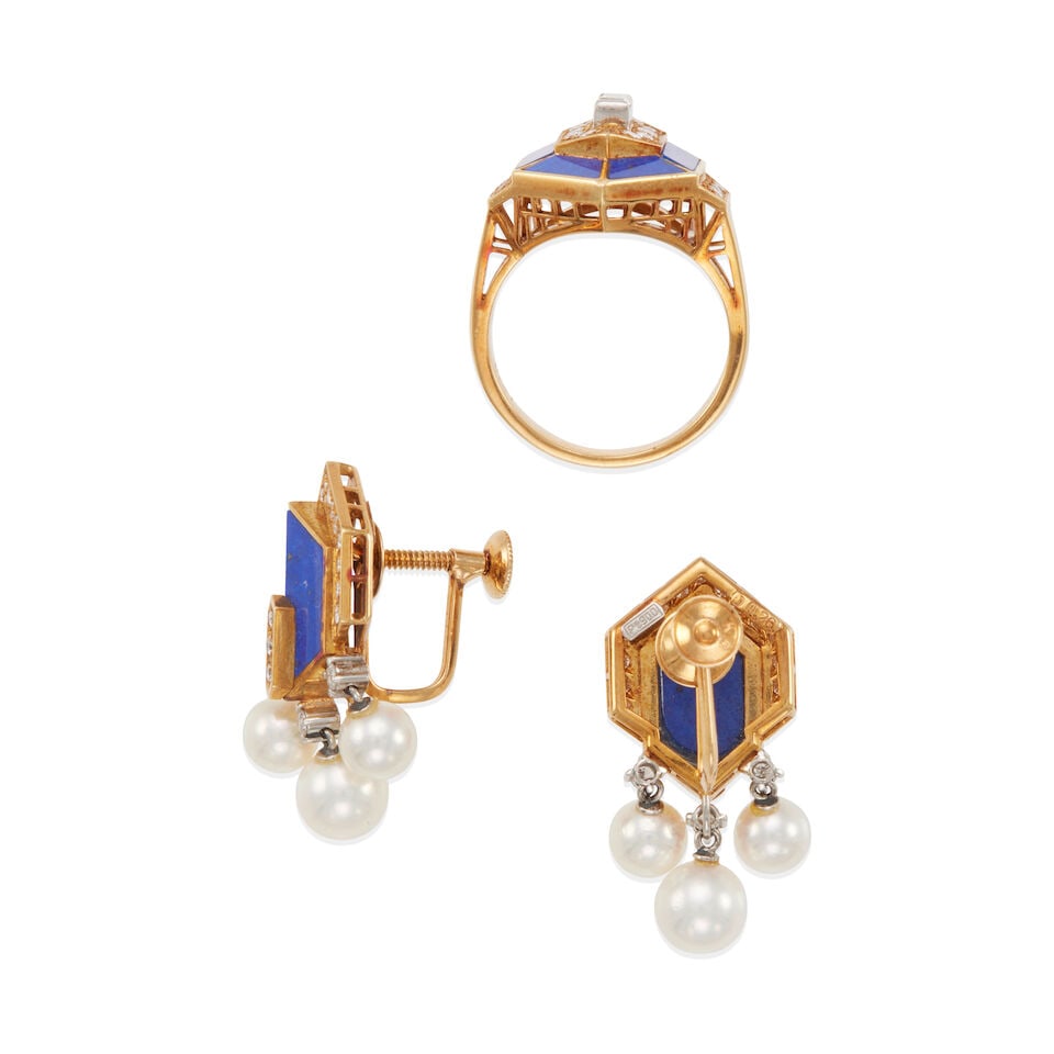 18K GOLD, PLATINUM, LAPIS LAZULI, CULTURED PEARL, AND DIAMOND RING AND EARRING SET - 2