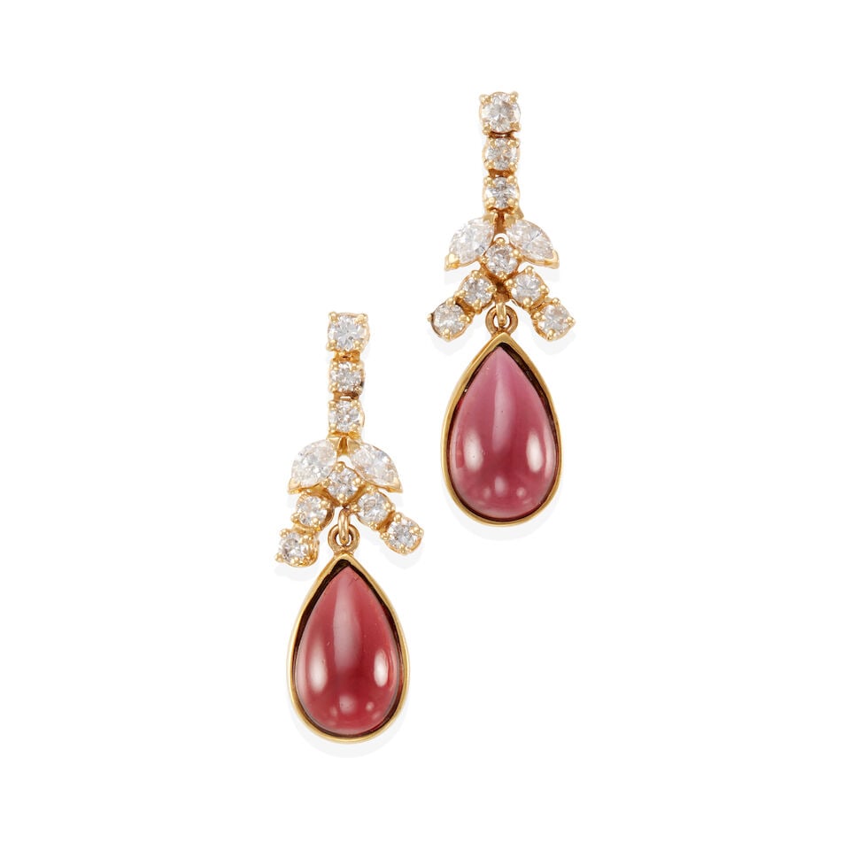 PAIR OF 14K GOLD, GARNET, AND DIAMOND DROP EARRINGS: PAIR OF 14K GOLD, GARNET, AND DIAMOND DROP EARRINGS • 14k yellow gold • 2 pear shape cabochon garnets weighing approximately 7.00 - 7.10 carats total • 20 round and marquise shape