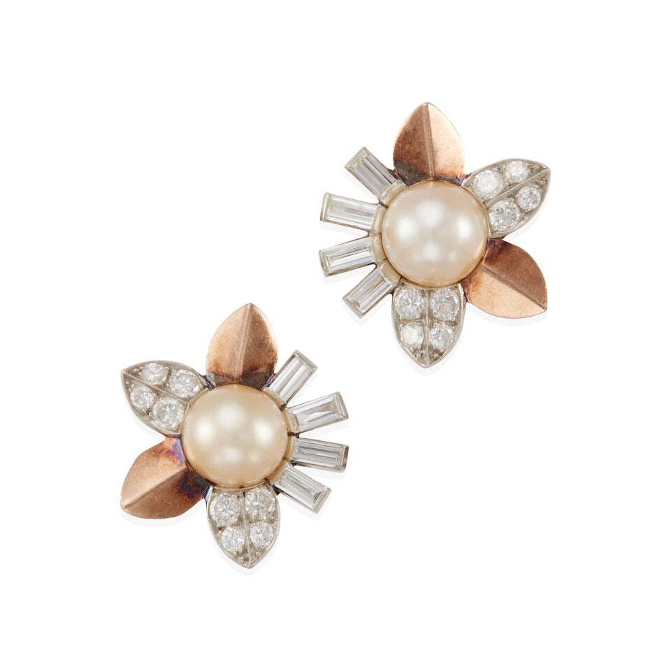 GAZDAR: RETRO ERA 9K PINK GOLD, PLATINUM, CULTURED PEARL, AND DIAMOND EAR CLIPS: GAZDAR: RETRO ERA 9K PINK GOLD, PLATINUM, CULTURED PEARL, AND DIAMOND EAR CLIPS • 9k pink gold and platinum • 2 spherical half-drilled saltwater cultured pearls measuring 9.50 mm and 9.45
