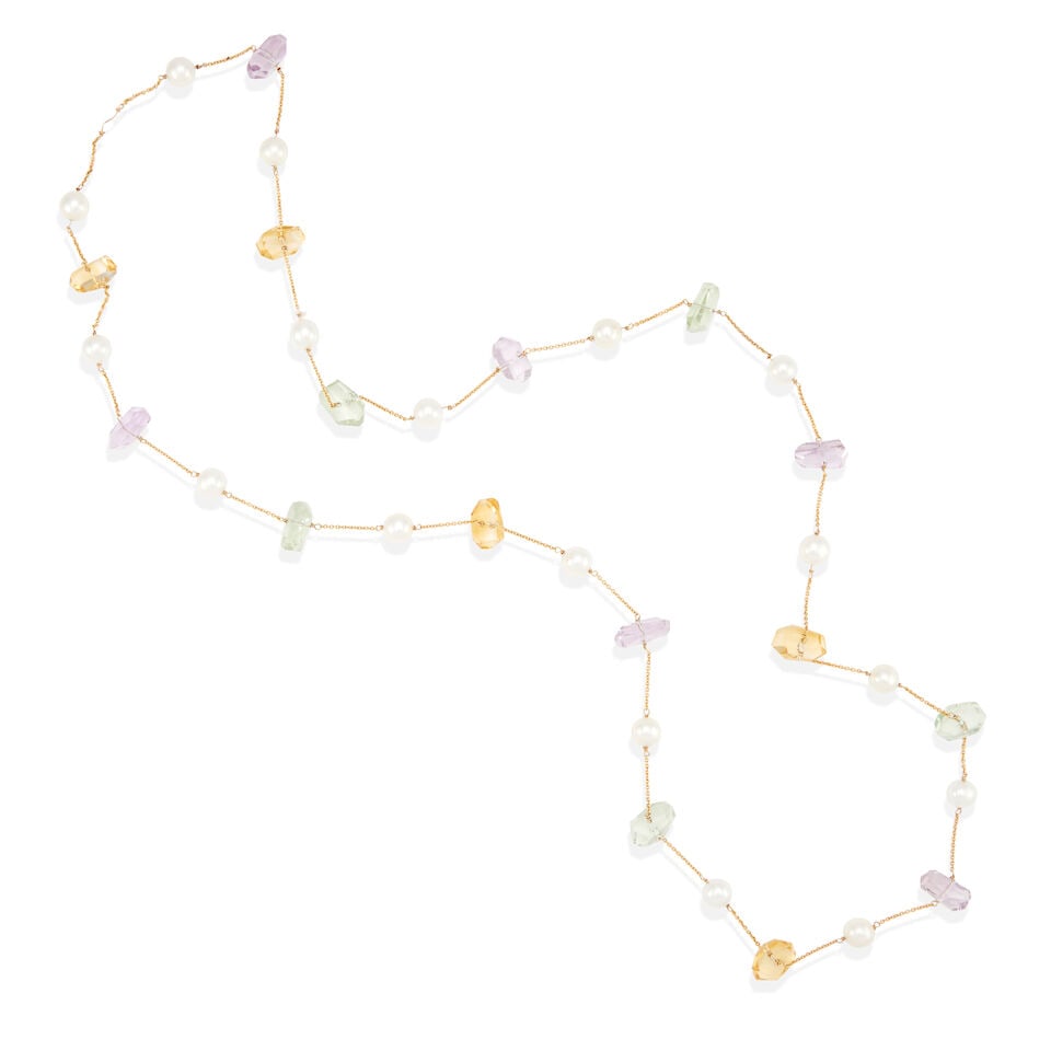 18K GOLD, CULTURED PEARL, AND MULTI-GEM STATION NECKLACE: 18K GOLD, CULTURED PEARL, AND MULTI-GEM STATION NECKLACE • 18k yellow gold • 17 spherical drilled cultured pearls measuring from 8.40 mm to 9.10 mm each in diameter • 6 free form