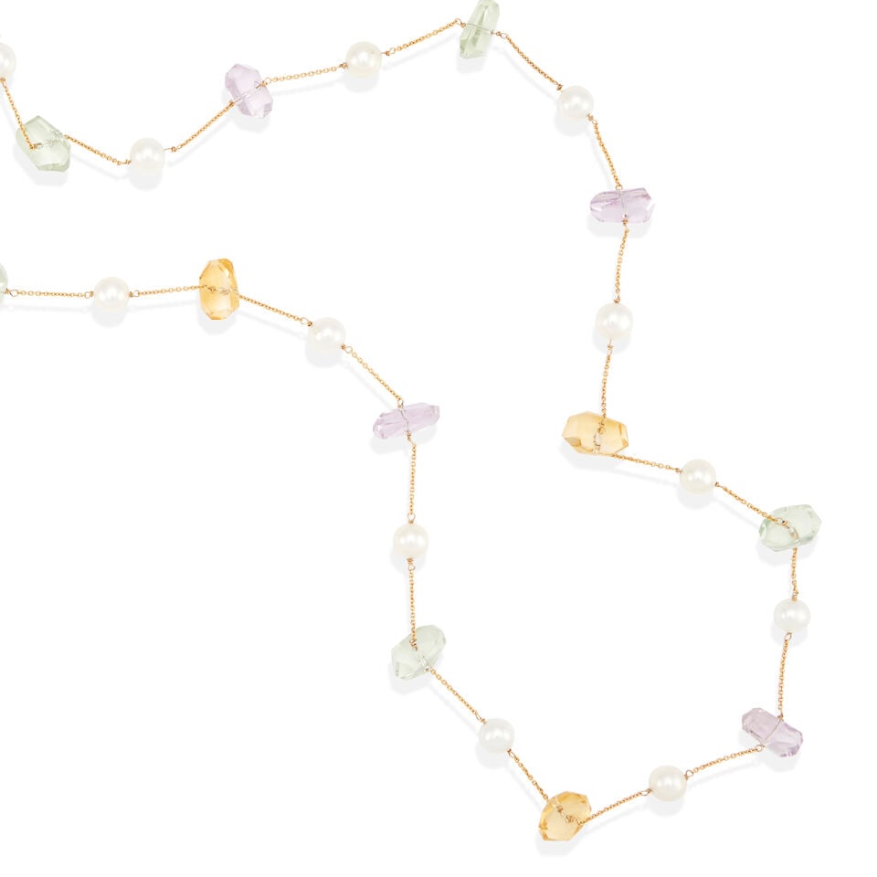 18K GOLD, CULTURED PEARL, AND MULTI-GEM STATION NECKLACE - 2