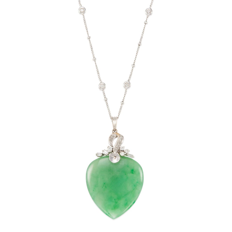 14K WHITE GOLD, JADE, AND DIAMOND PENDANT NECKLACE WITH GIA REPORT: 14K WHITE GOLD, JADE, AND DIAMOND PENDANT NECKLACE WITH GIA REPORT • 14k white gold • Numerous round single and tapered baguette diamonds weighing approximately 0.40 - 0.45 carats