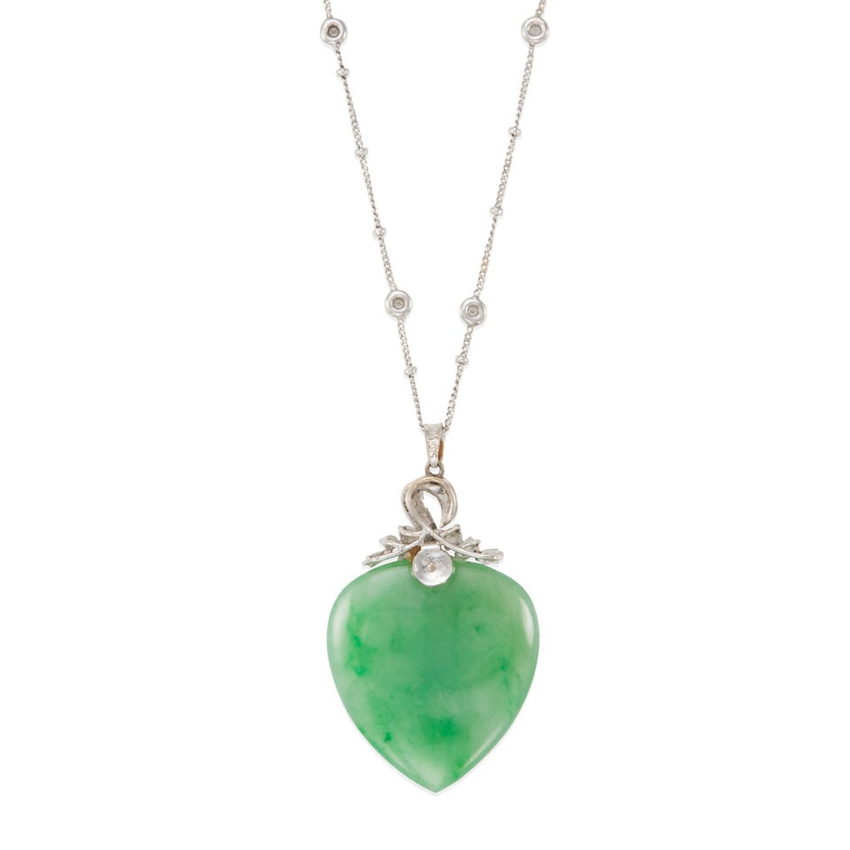 14K WHITE GOLD, JADE, AND DIAMOND PENDANT NECKLACE WITH GIA REPORT - 3