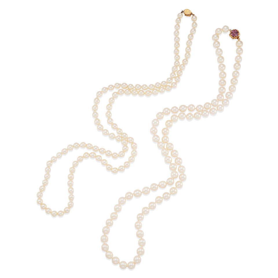 TWO 14K GOLD AND CULTURED PEARL STRAND NECKLACES: TWO 14K GOLD AND CULTURED PEARL STRAND NECKLACES • One necklace of 14k yellow gold with numerous near-round cultured pearls 7.00 - 7.28 mm, length 34 in. • One necklace of 14k yellow