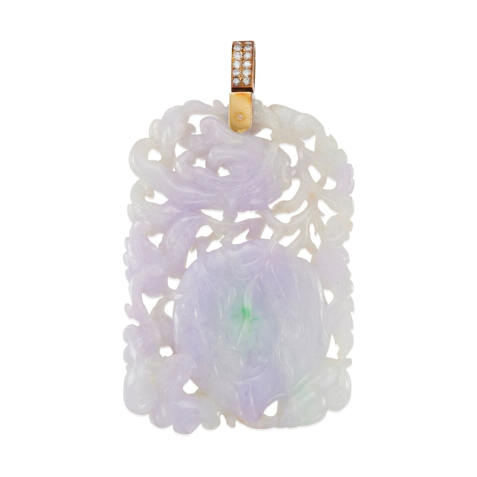 14K GOLD, DIAMOND AND JADE PENDANT: 14K GOLD, DIAMOND AND JADE PENDANT • 14k yellow gold • 1 round diamond weighing approximately 0.30 - 0.40 carat total • 1 carved jade tablet, measures approximately 2 3/4 x 1 15/16