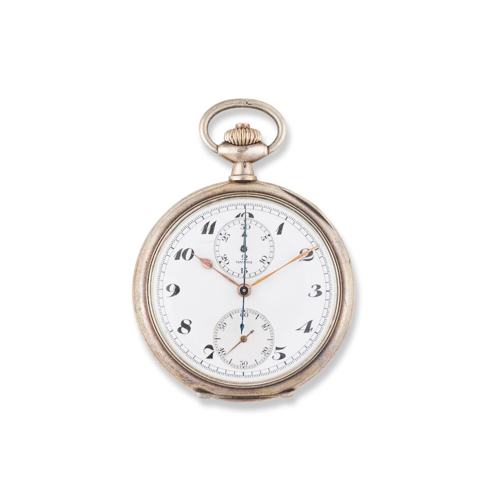 Omega. A silver keyless wind open face chronograph pocket watch Omega. Chronographe de poche ... (1 of 5)