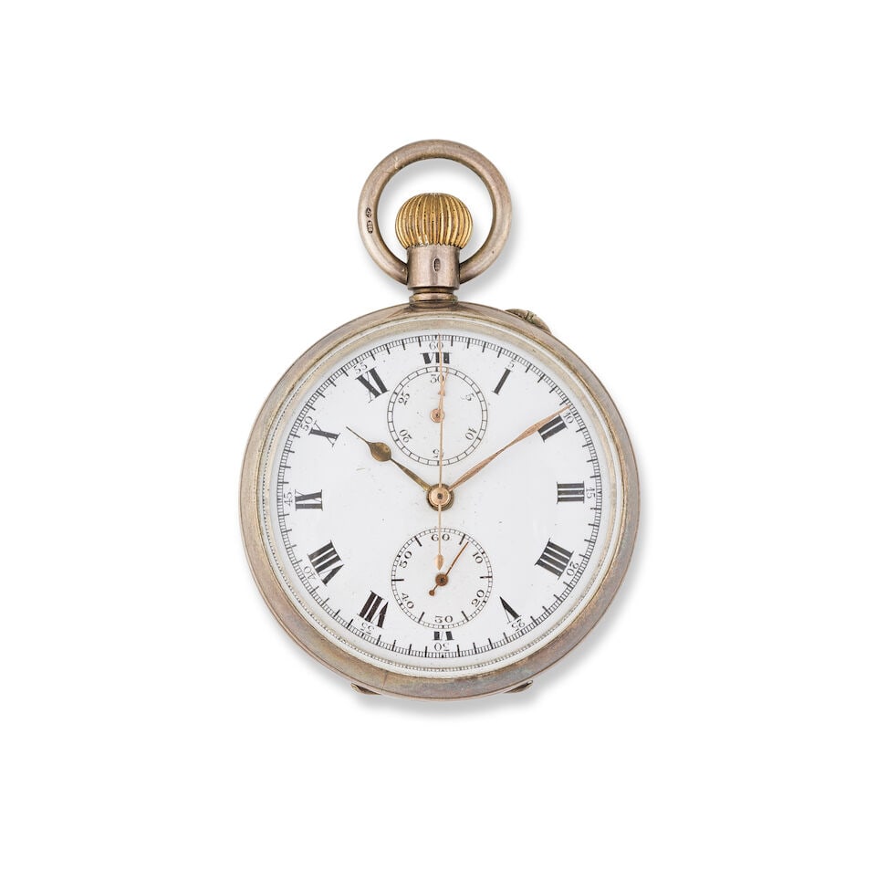 A silver keyless wind open face chronograph pocket watch Chronographe de poche à cadran ouv... (1 of 2)