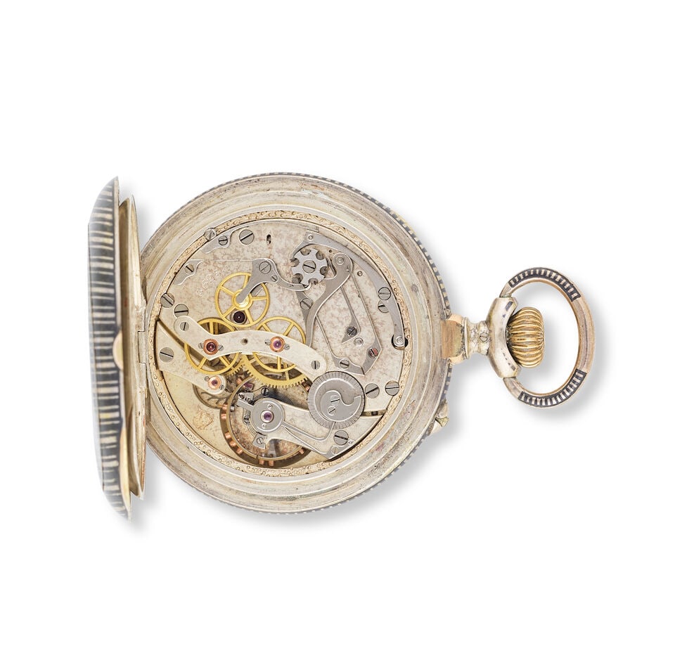 A silver and niello keyless wind open face chronograph pocket watch Chronographe de poche à... - 2