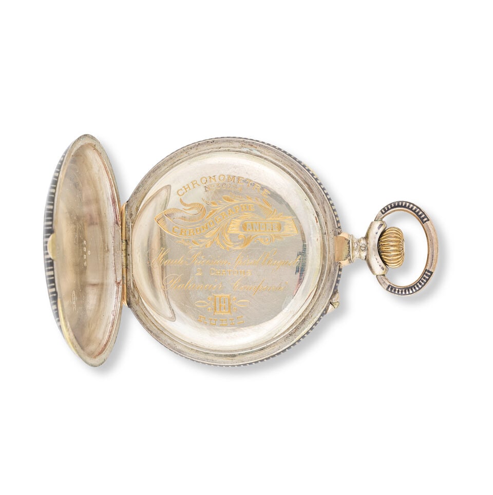 A silver and niello keyless wind open face chronograph pocket watch Chronographe de poche à... - 3