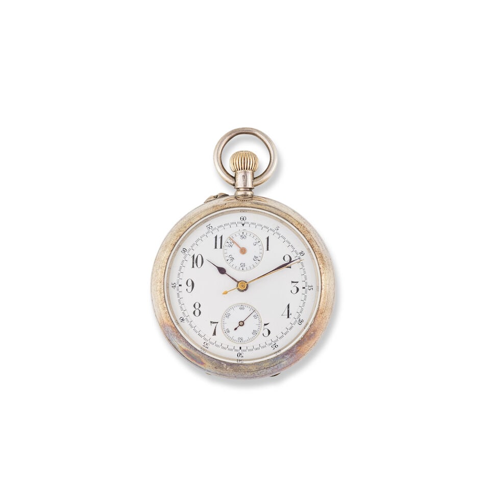 A silver keyless wind open face chronograph pocket watch Chronographe de poche à cadran ouv... (1 of 2)