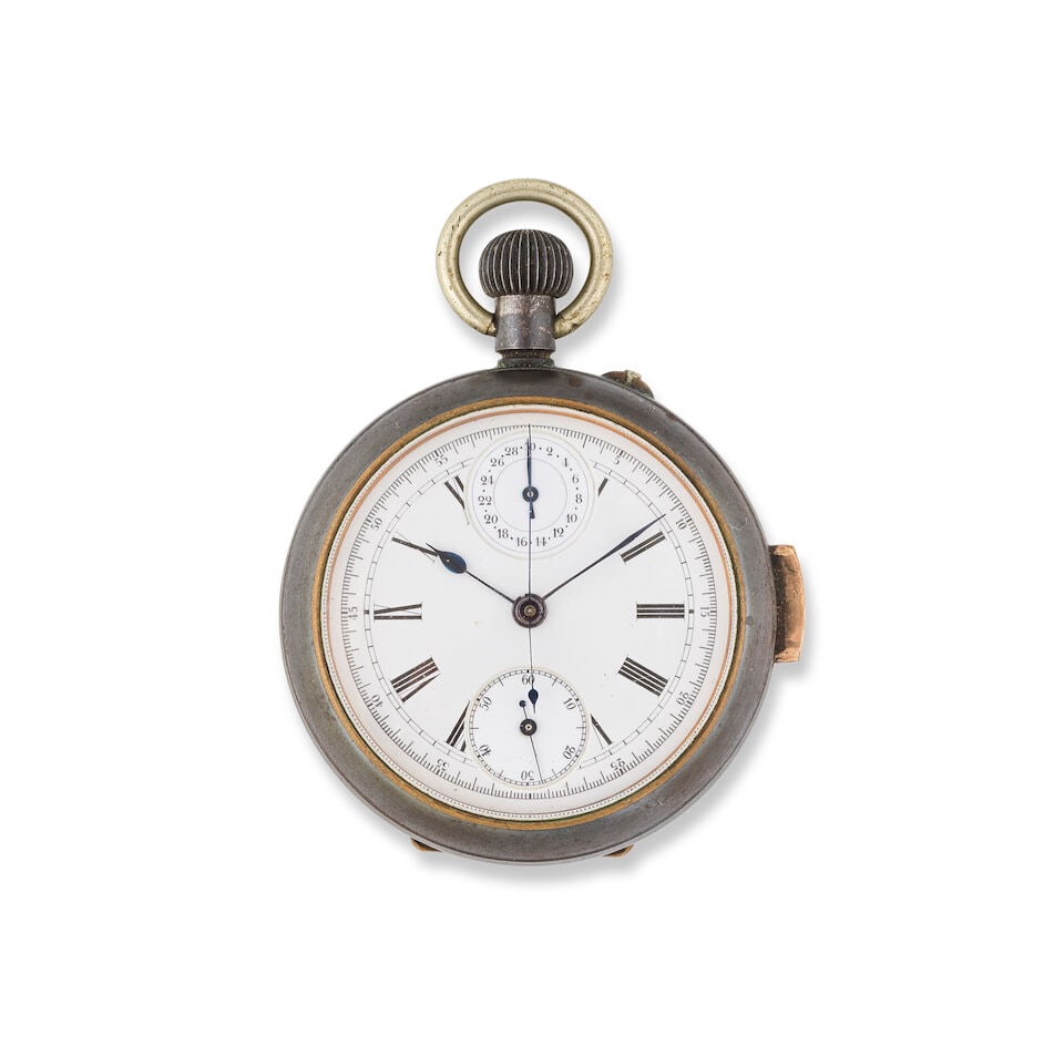 A gunmetal keyless wind open face quarter repeating chronograph pocket watch Chronographe de poc...: A gunmetal keyless wind open face quarter repeating chronograph pocket watch Chronographe de poche à cadran ouvert et répétition des quarts en metal noirci remontoir au pendant Date: Ci
